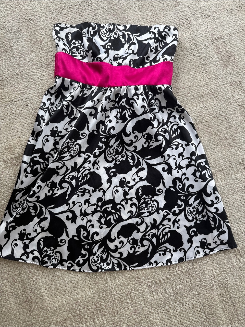 Strapless Black & White Dress with Hot Pink Waistband size medium